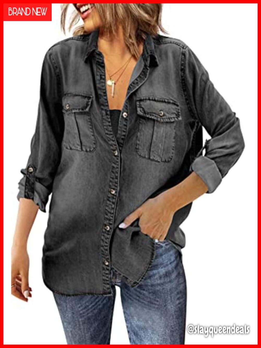 Oversized Denim Shirt Jacket Button Down Long Sleeve Cotton Linen Women
